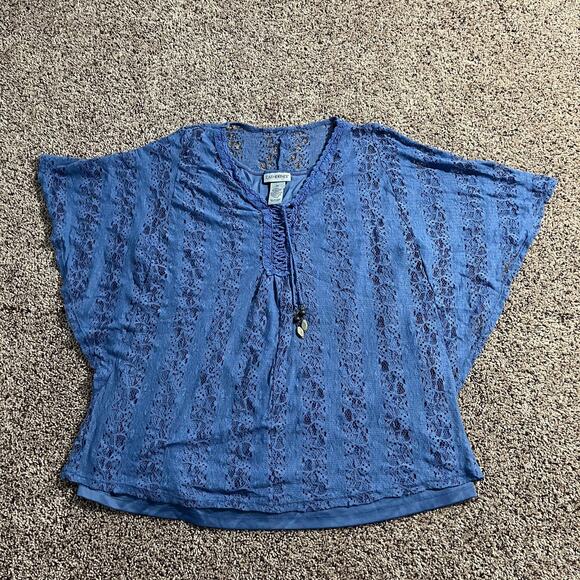 Catherines Tunic Top Womens OX Blue Lace Crochet Boho Pullover Sheer Embellished - Picture 1 of 7